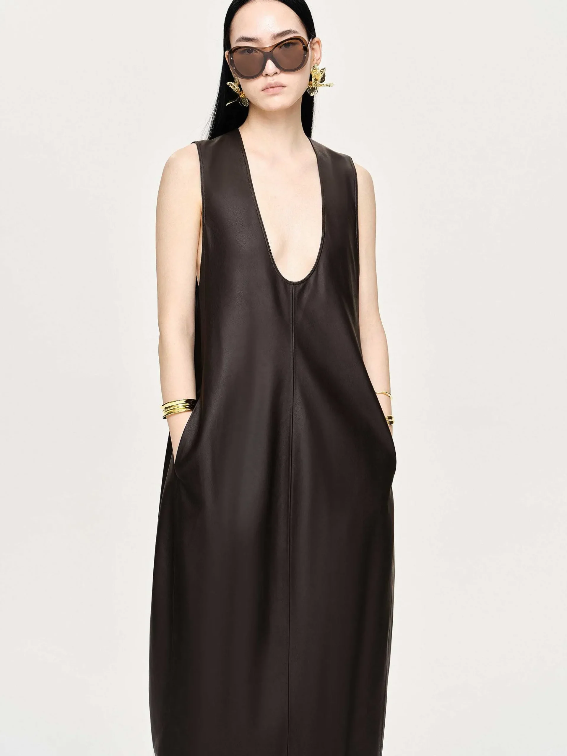 Women Source Unknown Clothing-Adua Faux Leather Maxi Dress, Chocolate