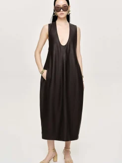 Women Source Unknown Clothing-Adua Faux Leather Maxi Dress, Chocolate