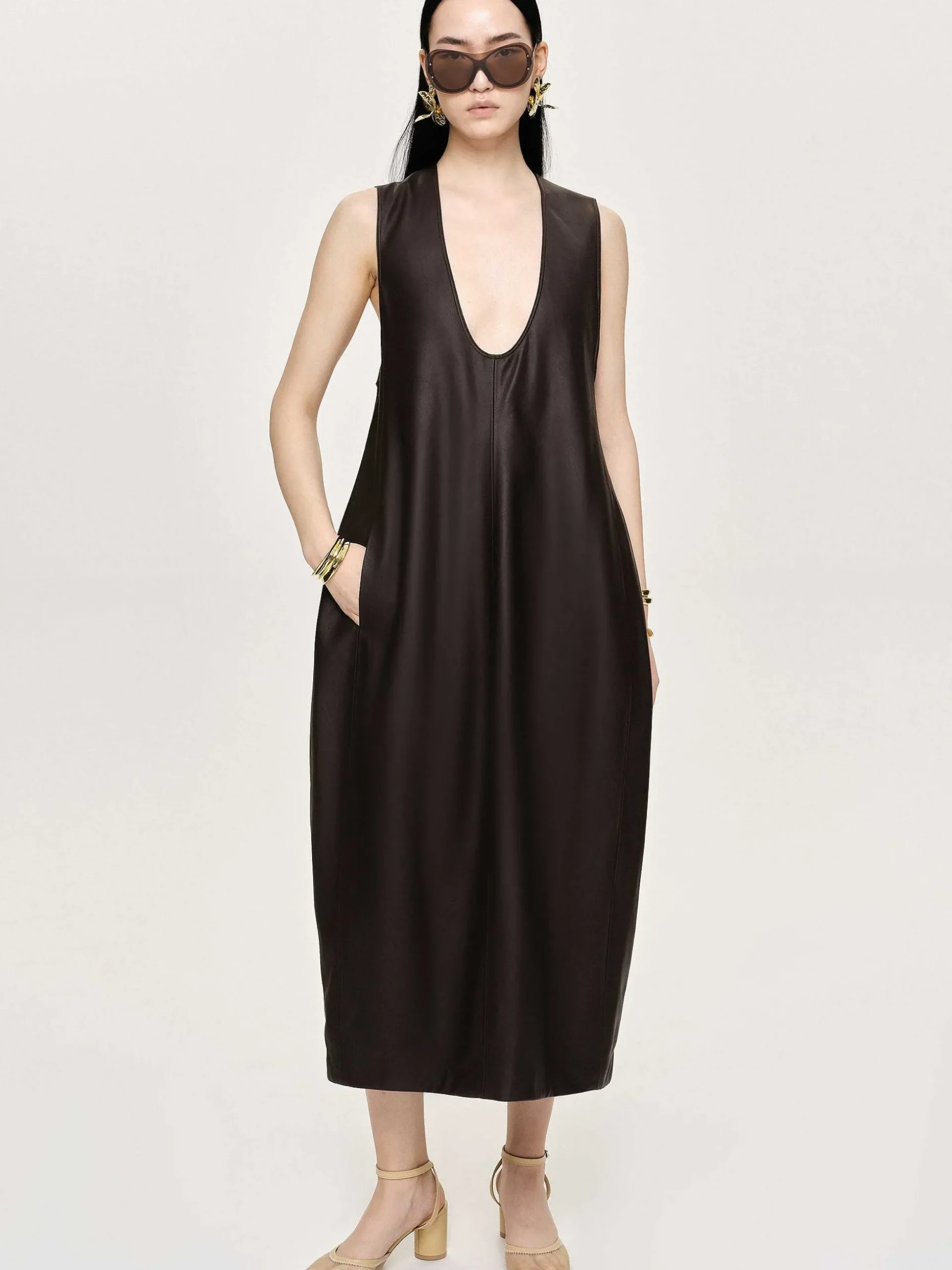 Women Source Unknown Clothing-Adua Faux Leather Maxi Dress, Chocolate