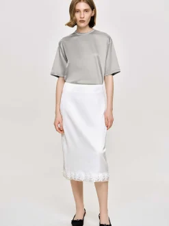 Women Source Unknown Bottoms-Applique Satin Skirt, White