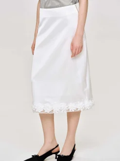 Women Source Unknown Bottoms-Applique Satin Skirt, White