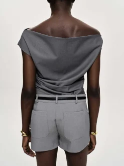 Women Source Unknown Clothing-Asymmetric Draped Top, Charcoal