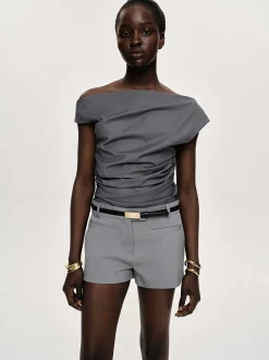 Women Source Unknown Tops-Asymmetric Draped Top, Charcoal