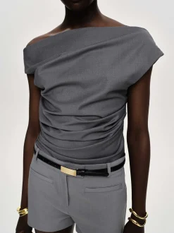 Women Source Unknown Tops-Asymmetric Draped Top, Charcoal