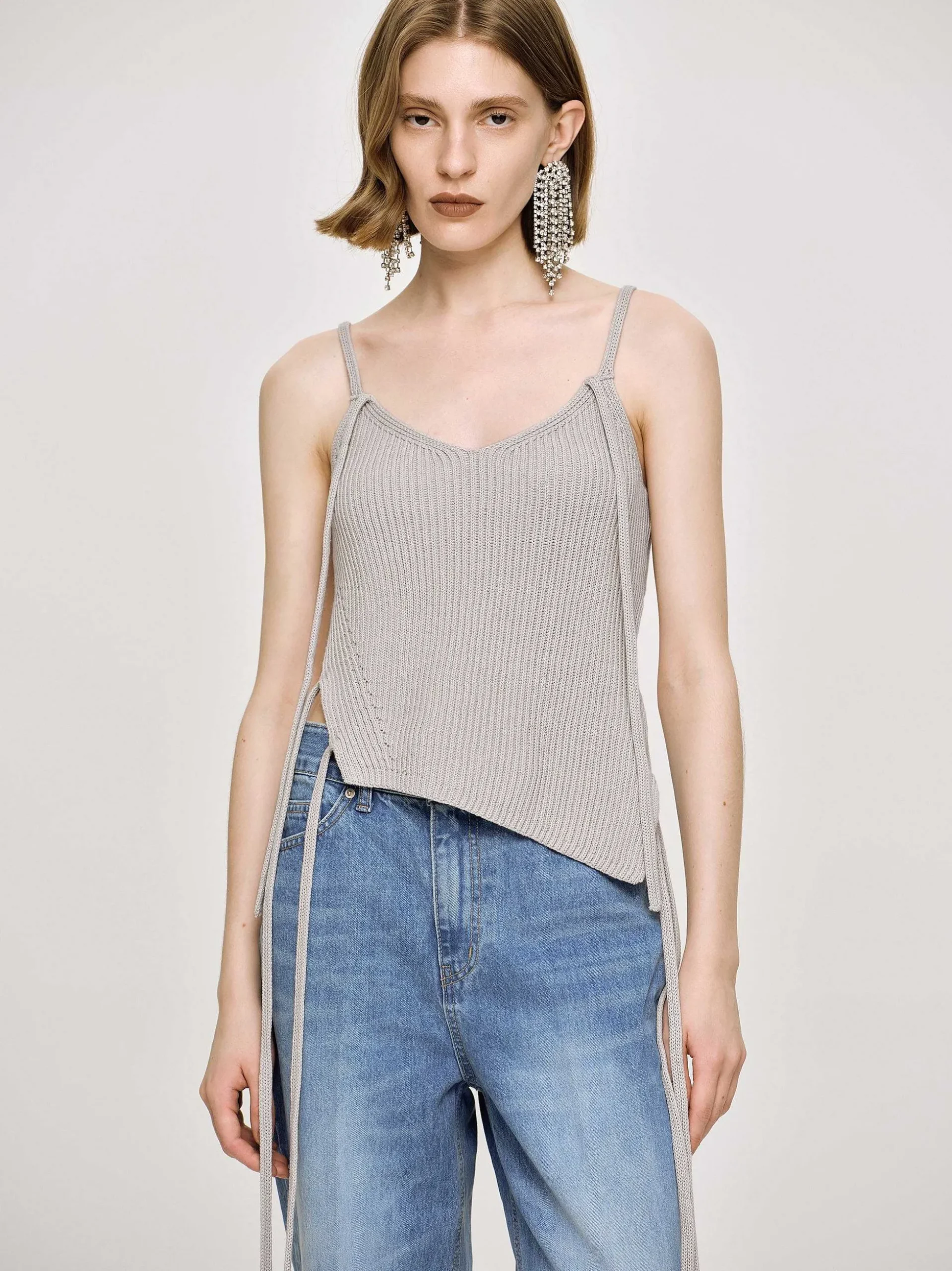 Women Source Unknown Knitwear-Asymmetric Knit Tank Top, Fossil Grey