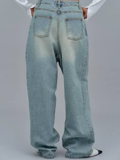 Women Source Unknown Denim-Asymmetric Wrap Faded Jeans, Stone Wash