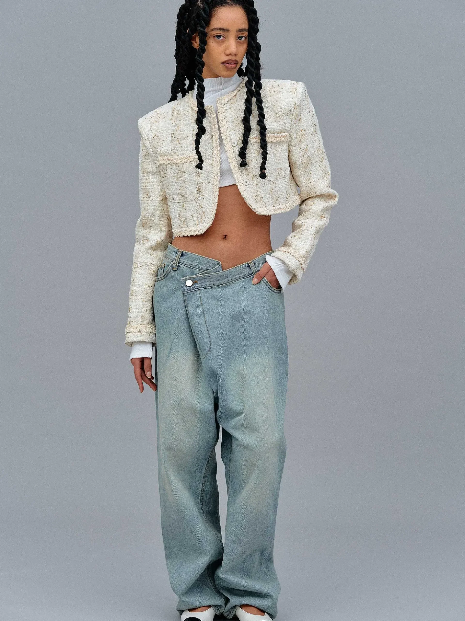 Women Source Unknown Denim-Asymmetric Wrap Faded Jeans, Stone Wash