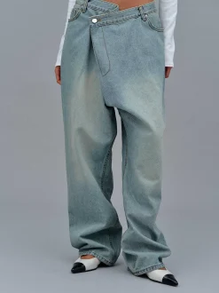 Women Source Unknown Clothing-Asymmetric Wrap Faded Jeans, Stone Wash