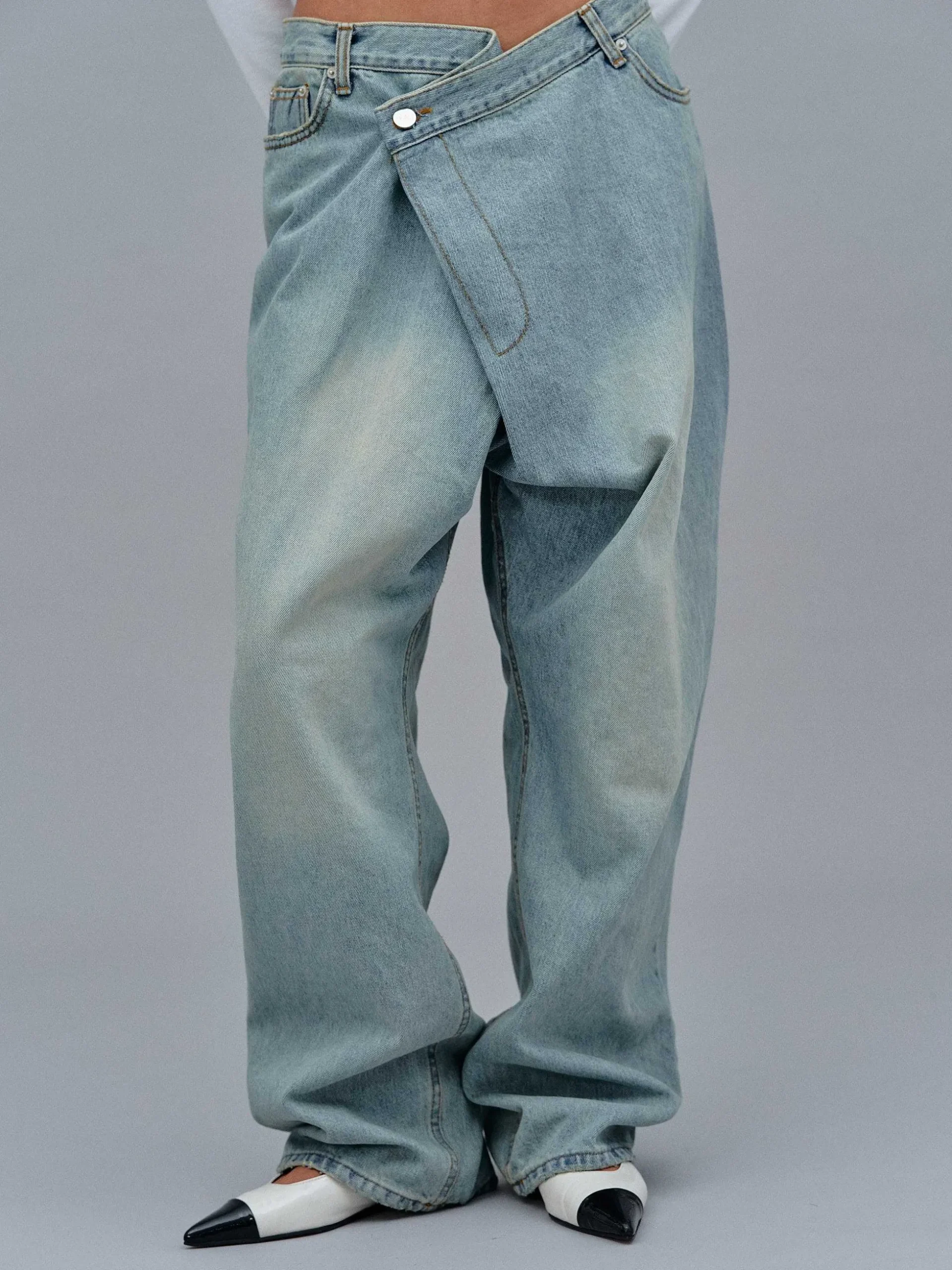 Women Source Unknown Clothing-Asymmetric Wrap Faded Jeans, Stone Wash