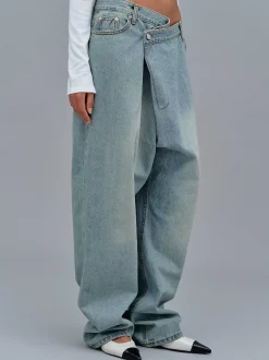 Women Source Unknown Clothing-Asymmetric Wrap Faded Jeans, Stone Wash