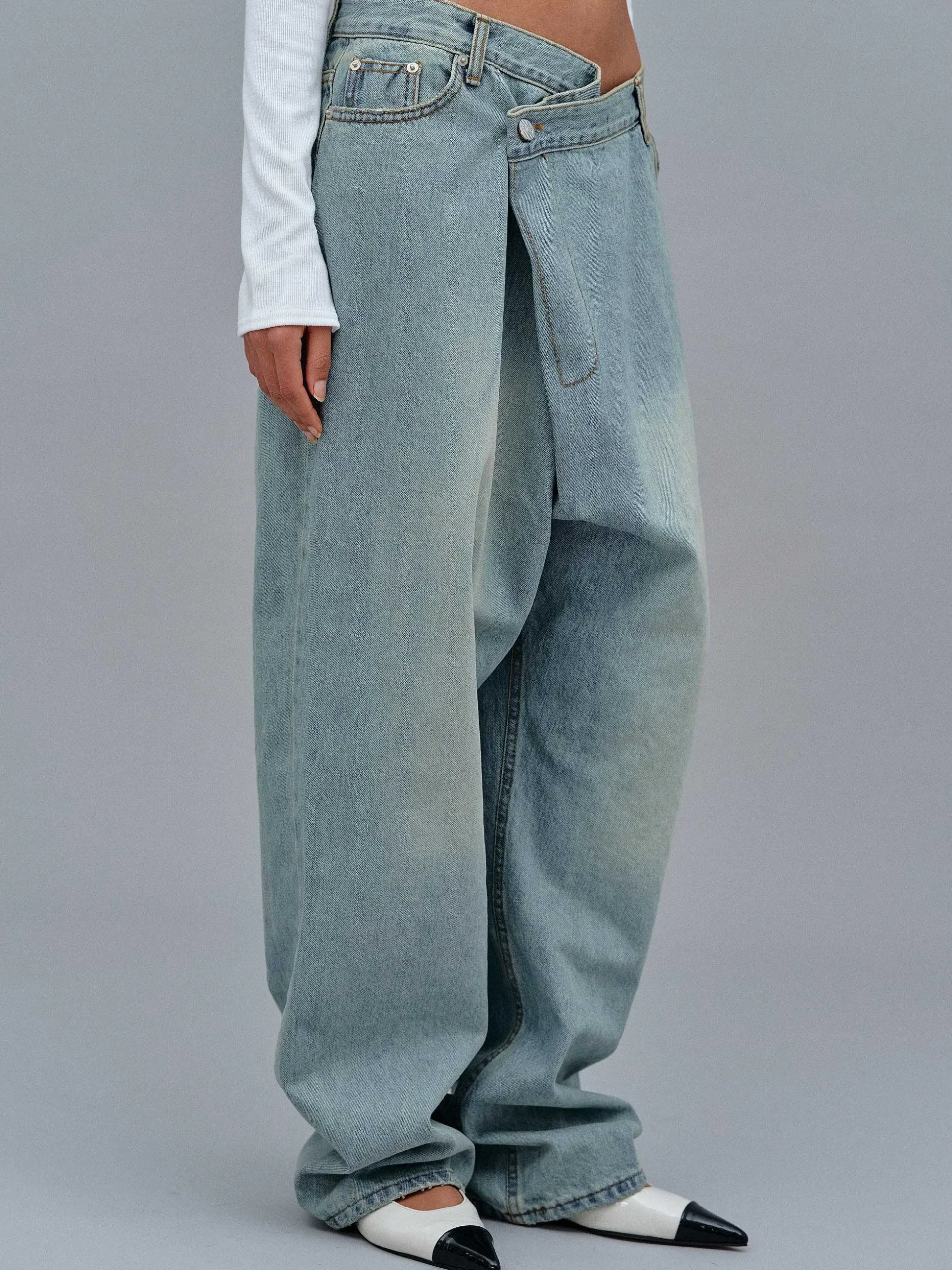 Women Source Unknown Clothing-Asymmetric Wrap Faded Jeans, Stone Wash