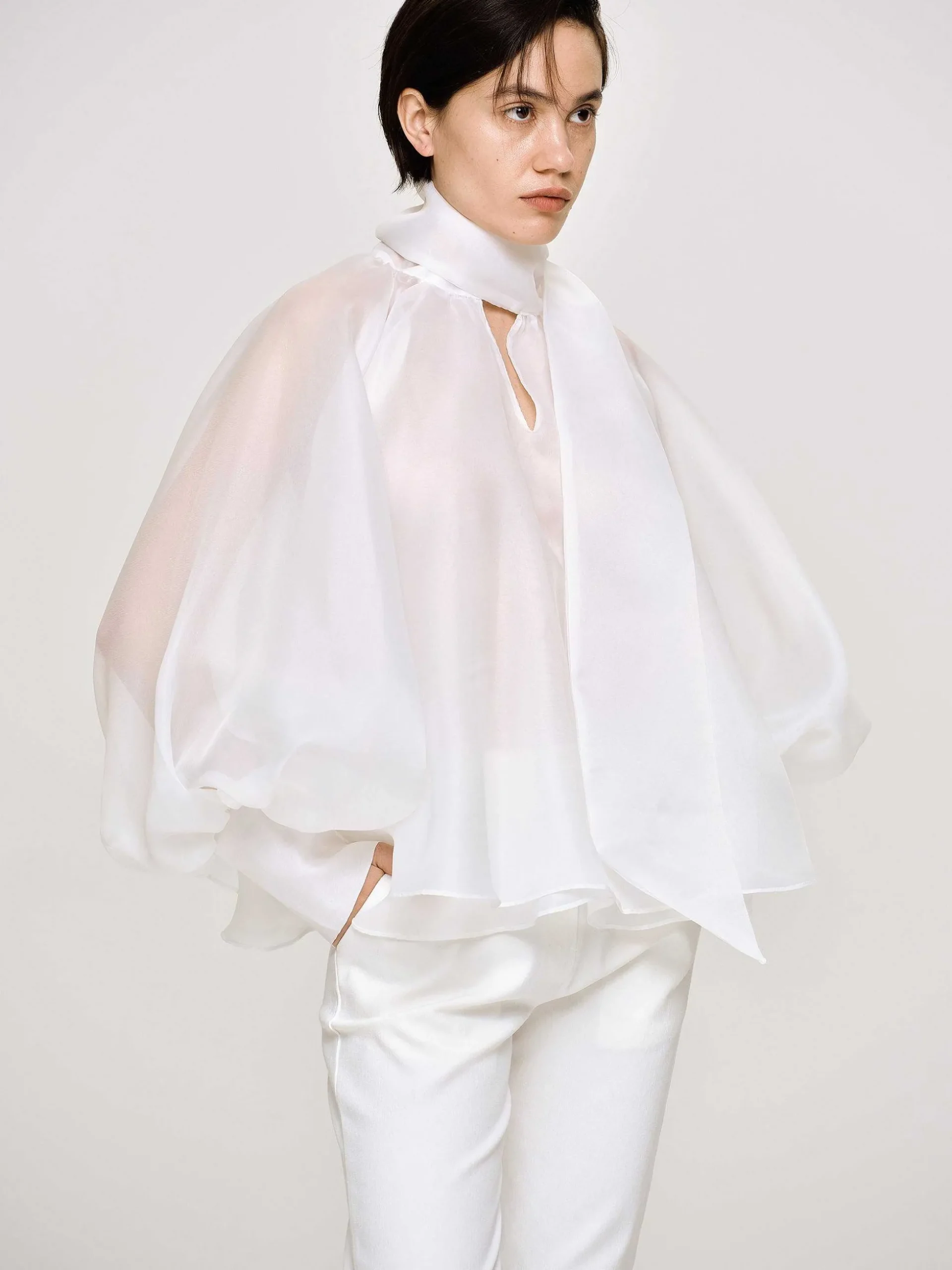 Women Source Unknown Accessories-Balloon Sheer Blouse, White