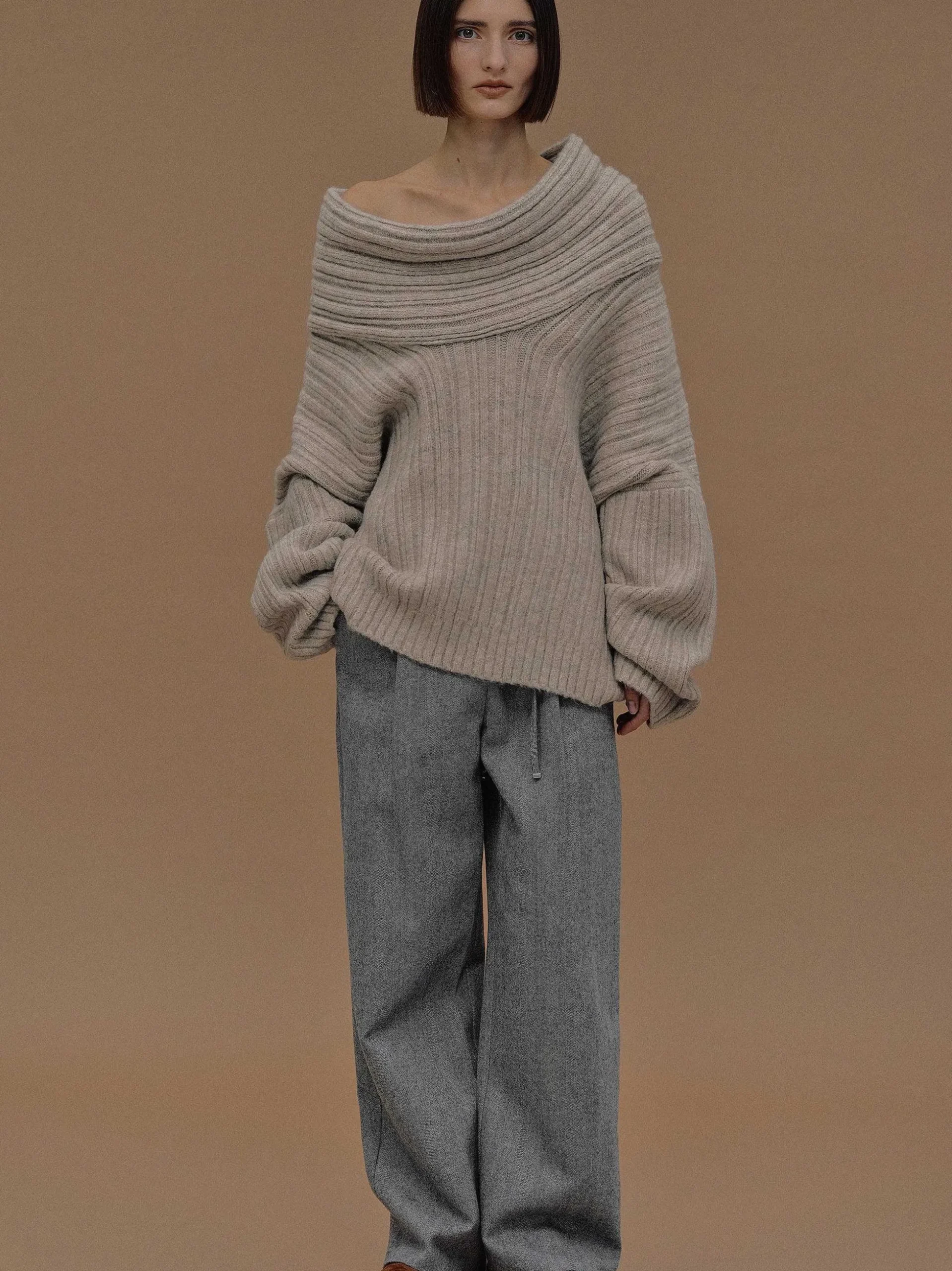 Women Source Unknown Accessories-Becca Oversized High Roll Knit Pullover, Coconut