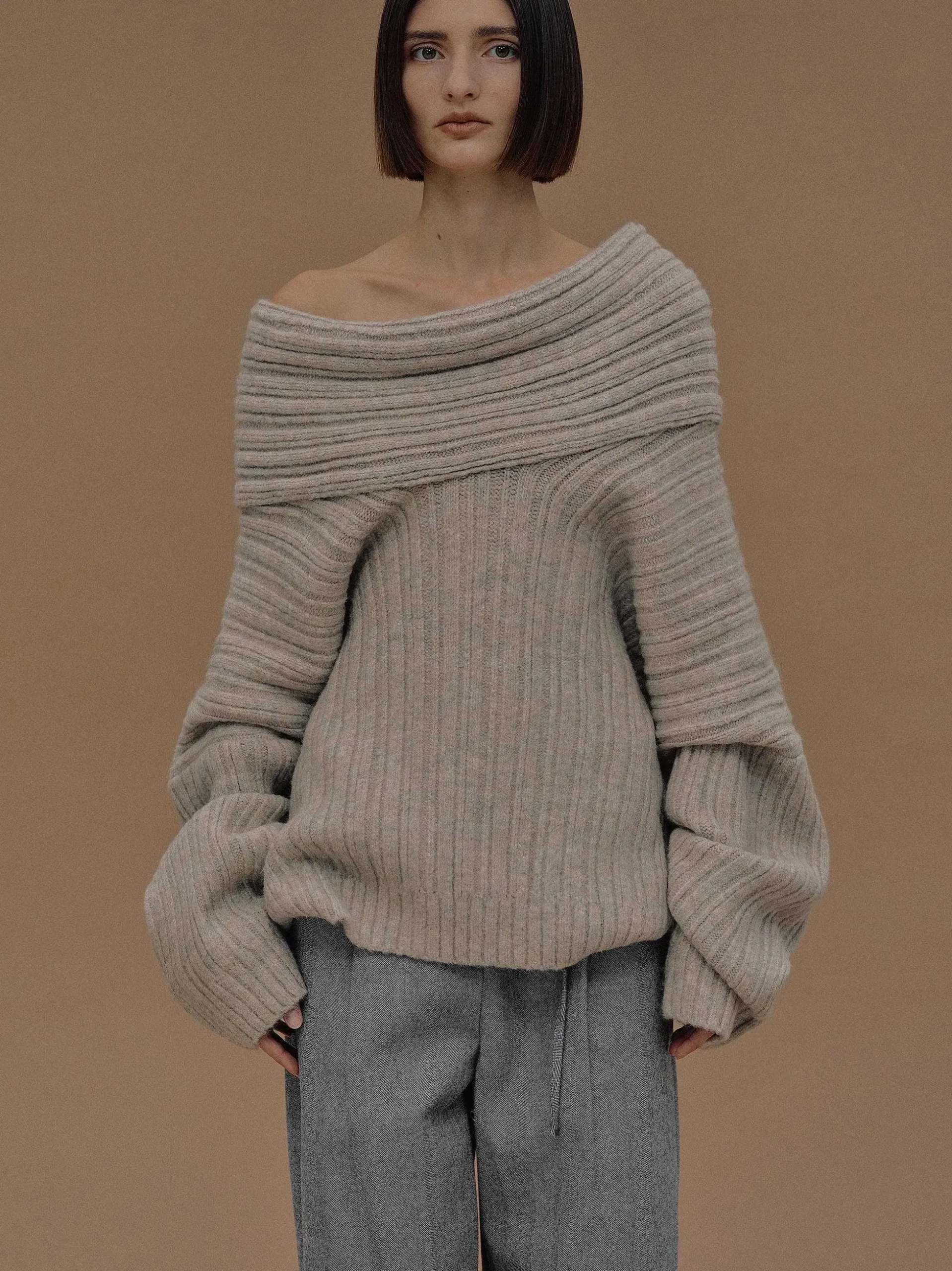 Women Source Unknown Accessories-Becca Oversized High Roll Knit Pullover, Coconut