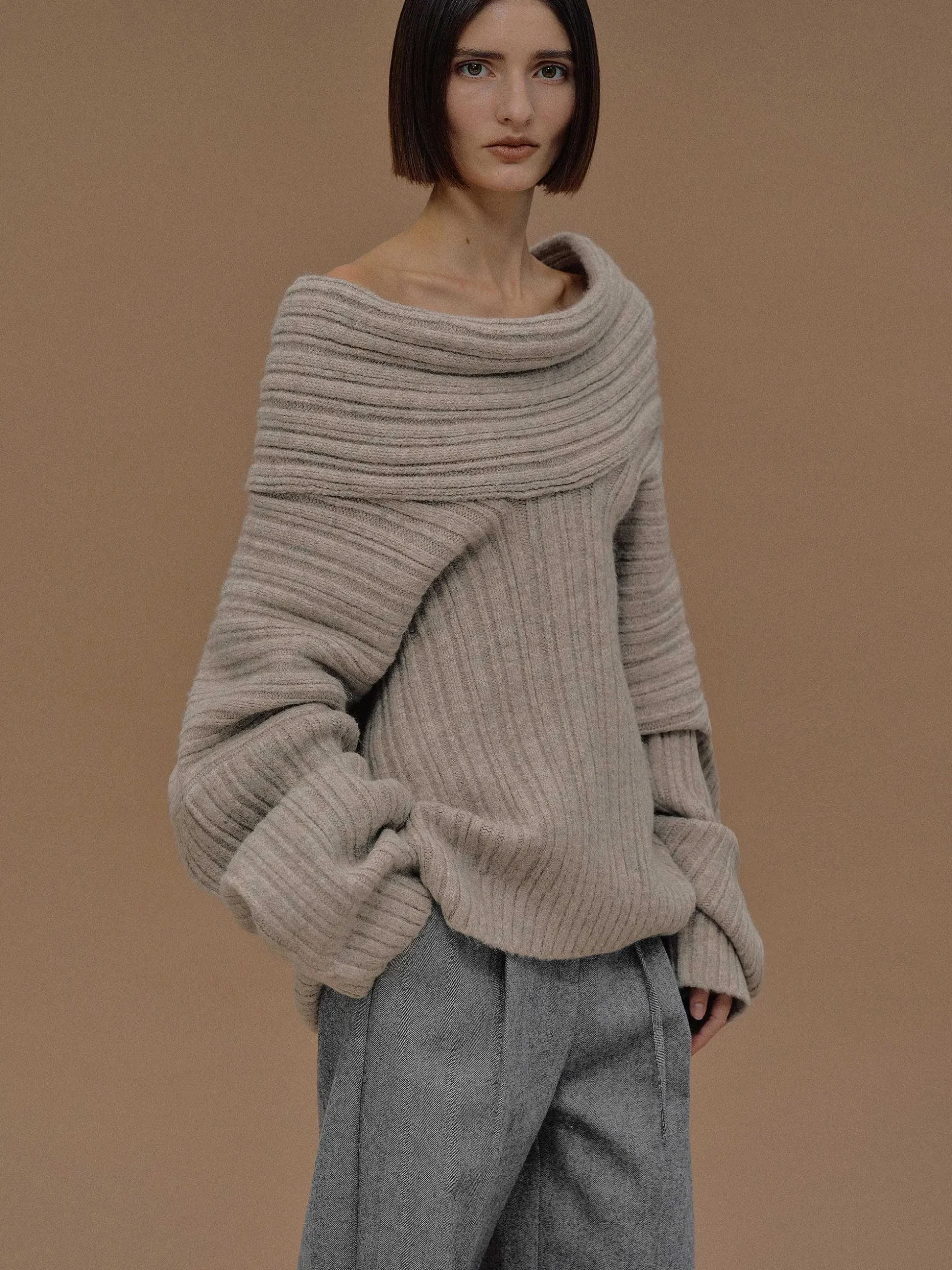 Women Source Unknown Accessories-Becca Oversized High Roll Knit Pullover, Coconut