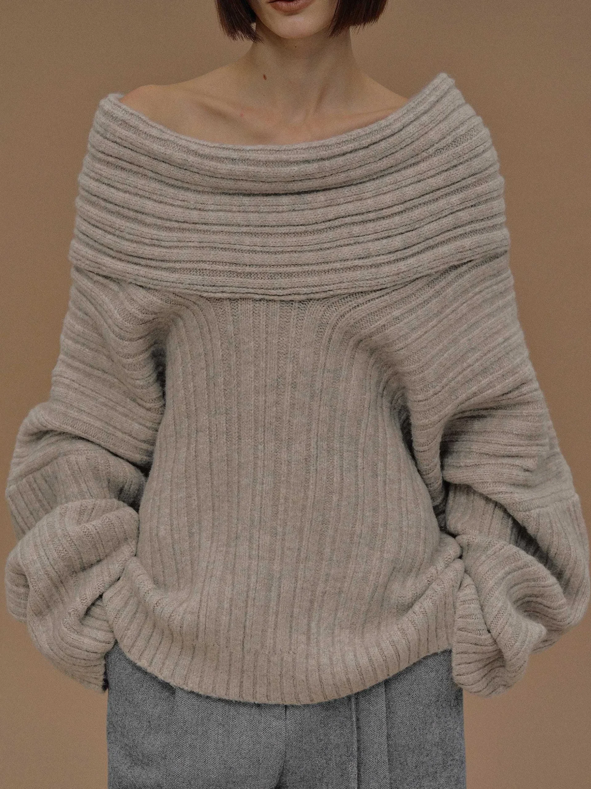 Women Source Unknown Accessories-Becca Oversized High Roll Knit Pullover, Coconut