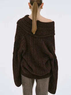 Women Source Unknown Accessories-Becca Oversized High Roll Knit Pullover, Chocolate