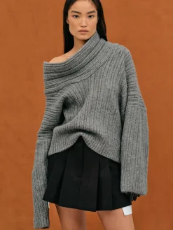 Women Source Unknown Accessories-Becca Oversized High Roll Knit Pullover, Storm Grey