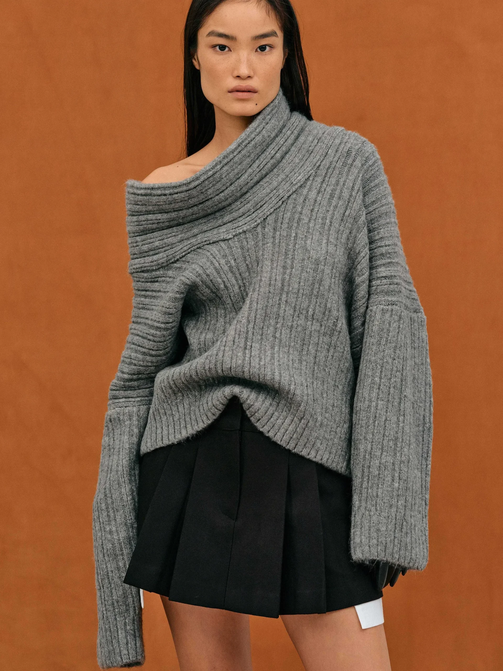 Women Source Unknown Accessories-Becca Oversized High Roll Knit Pullover, Storm Grey