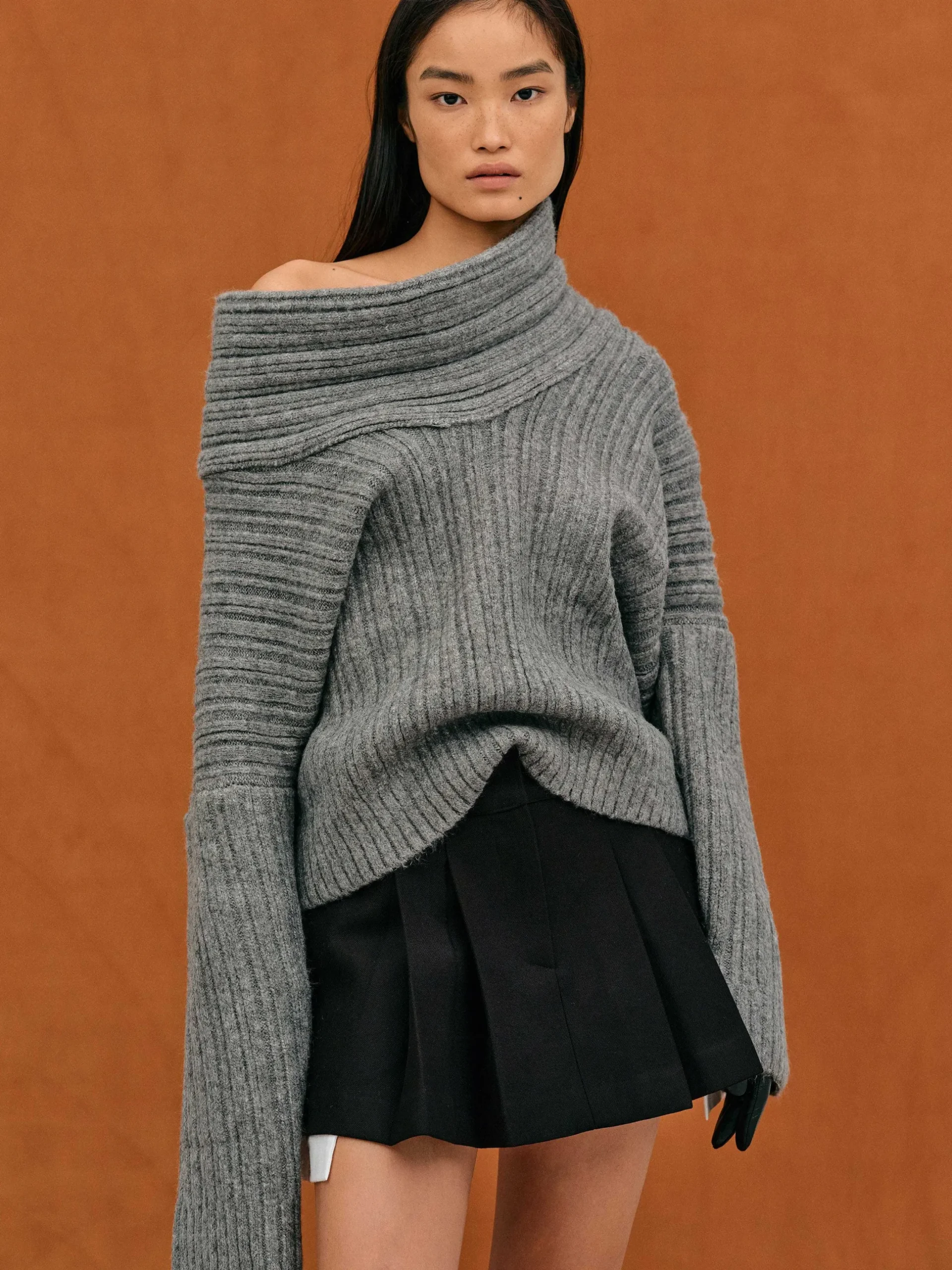 Women Source Unknown Accessories-Becca Oversized High Roll Knit Pullover, Storm Grey