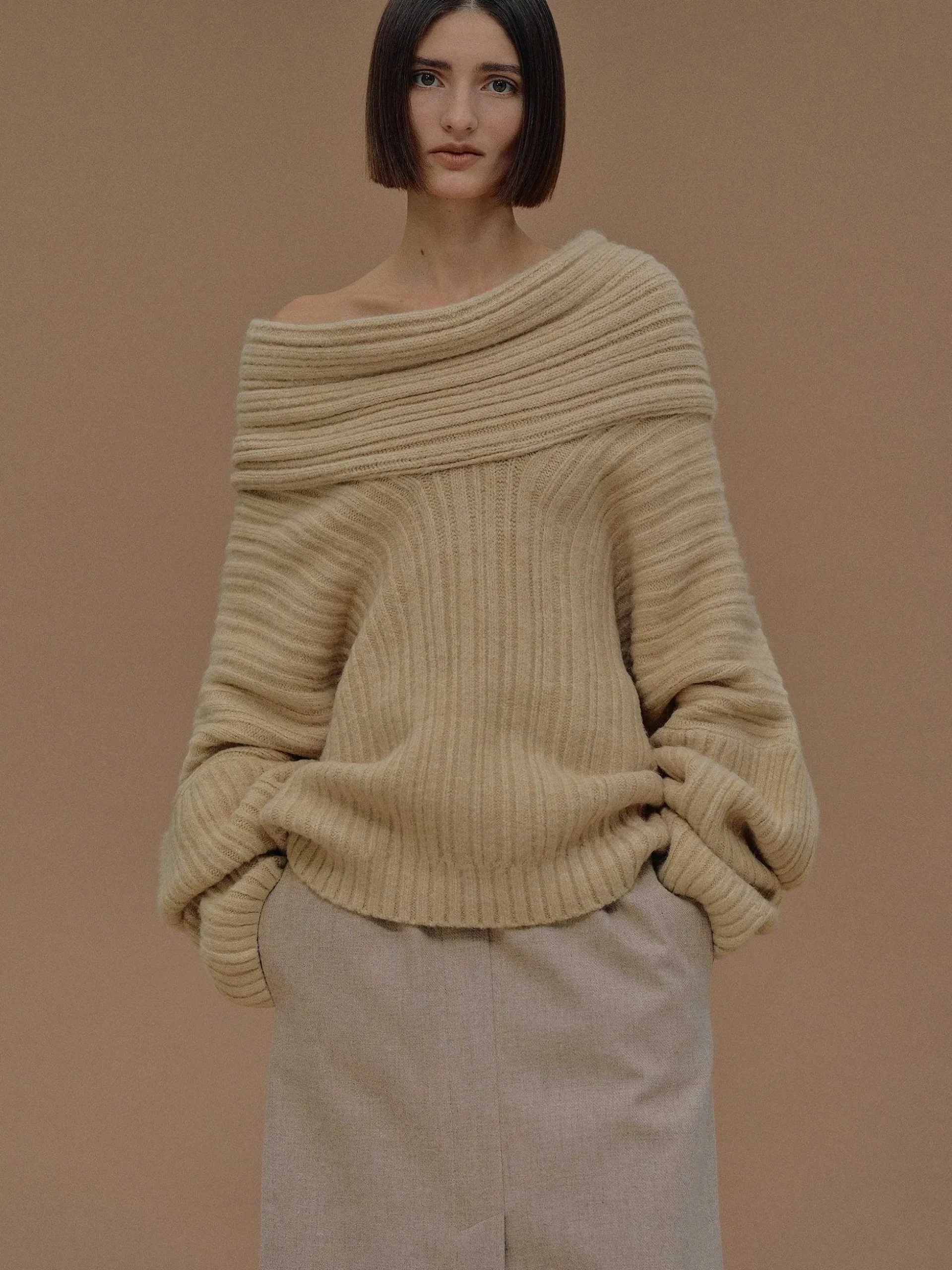 Women Source Unknown Accessories-Becca Oversized High Roll Knit Pullover, Butter