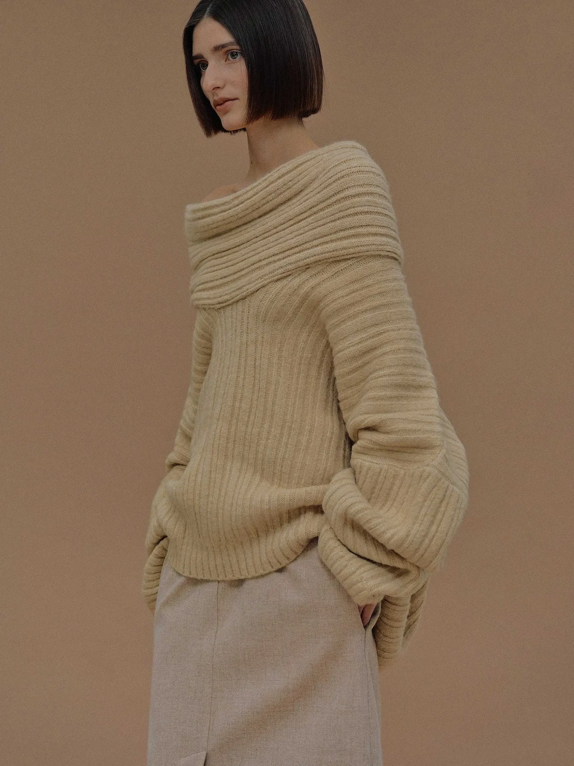 Women Source Unknown Accessories-Becca Oversized High Roll Knit Pullover, Butter