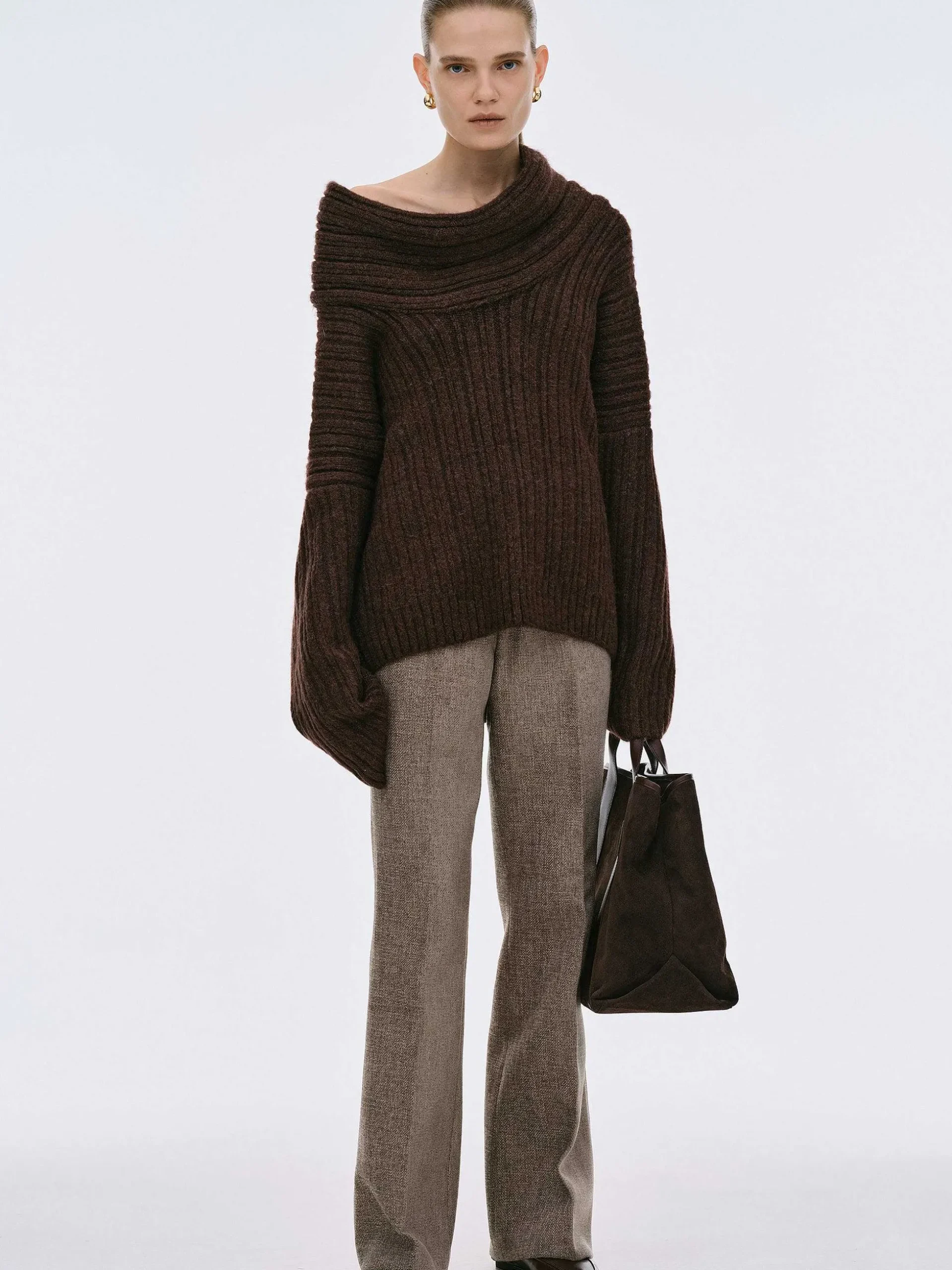 Women Source Unknown Accessories-Becca Oversized High Roll Knit Pullover, Chocolate