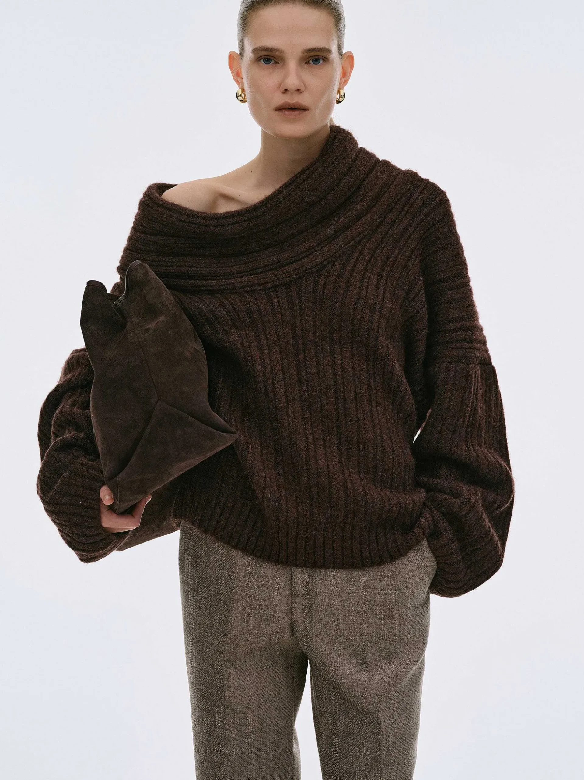Women Source Unknown Accessories-Becca Oversized High Roll Knit Pullover, Chocolate