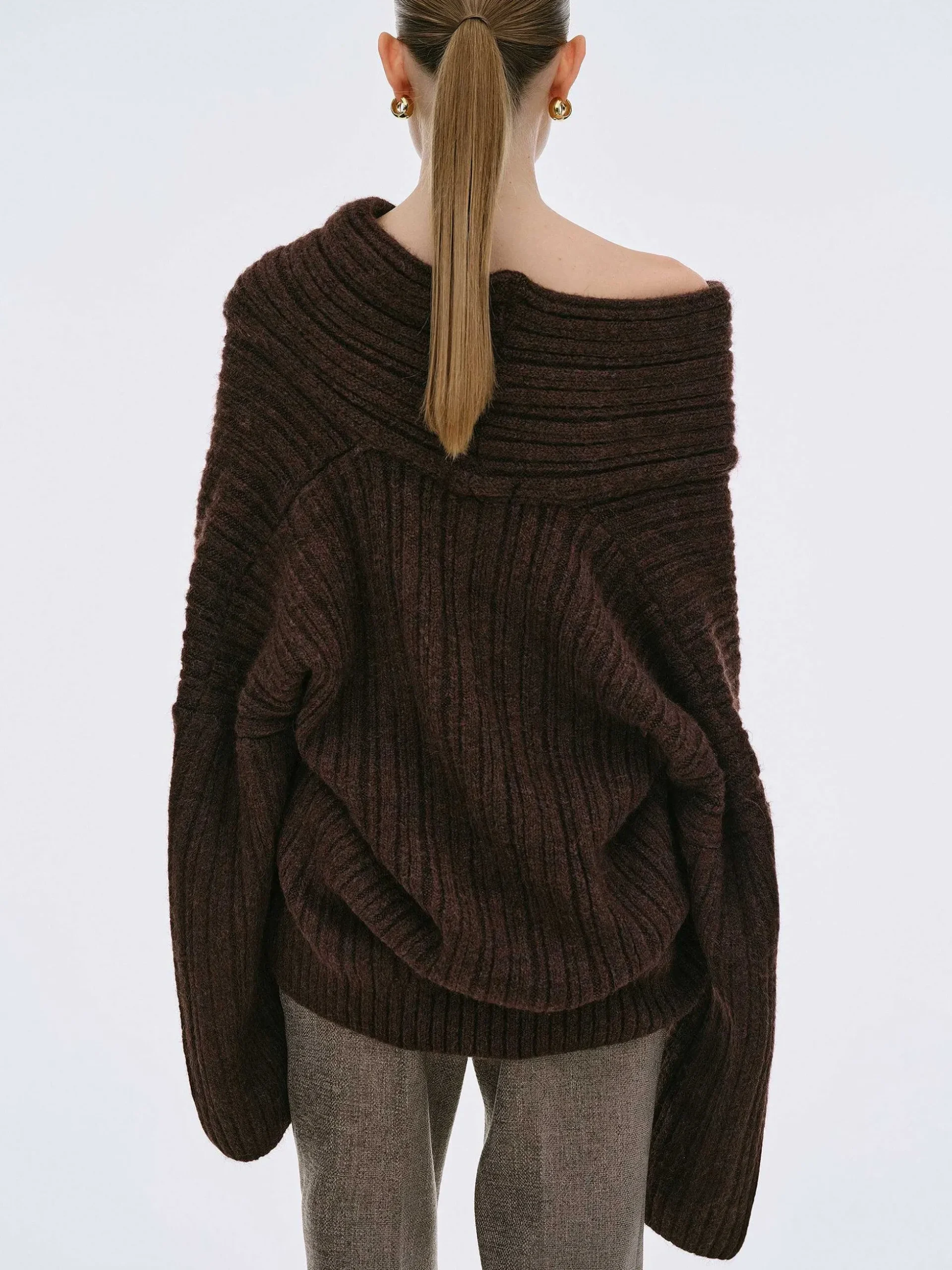 Women Source Unknown Accessories-Becca Oversized High Roll Knit Pullover, Chocolate