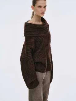 Women Source Unknown Accessories-Becca Oversized High Roll Knit Pullover, Chocolate