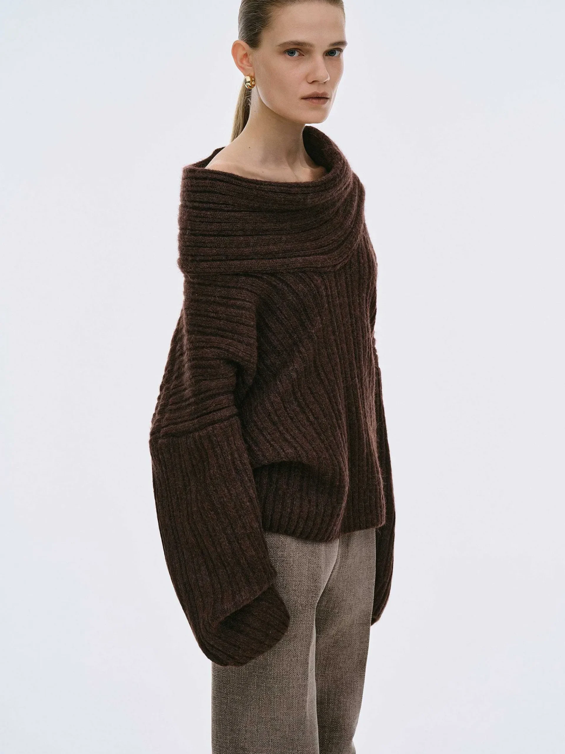 Women Source Unknown Accessories-Becca Oversized High Roll Knit Pullover, Chocolate