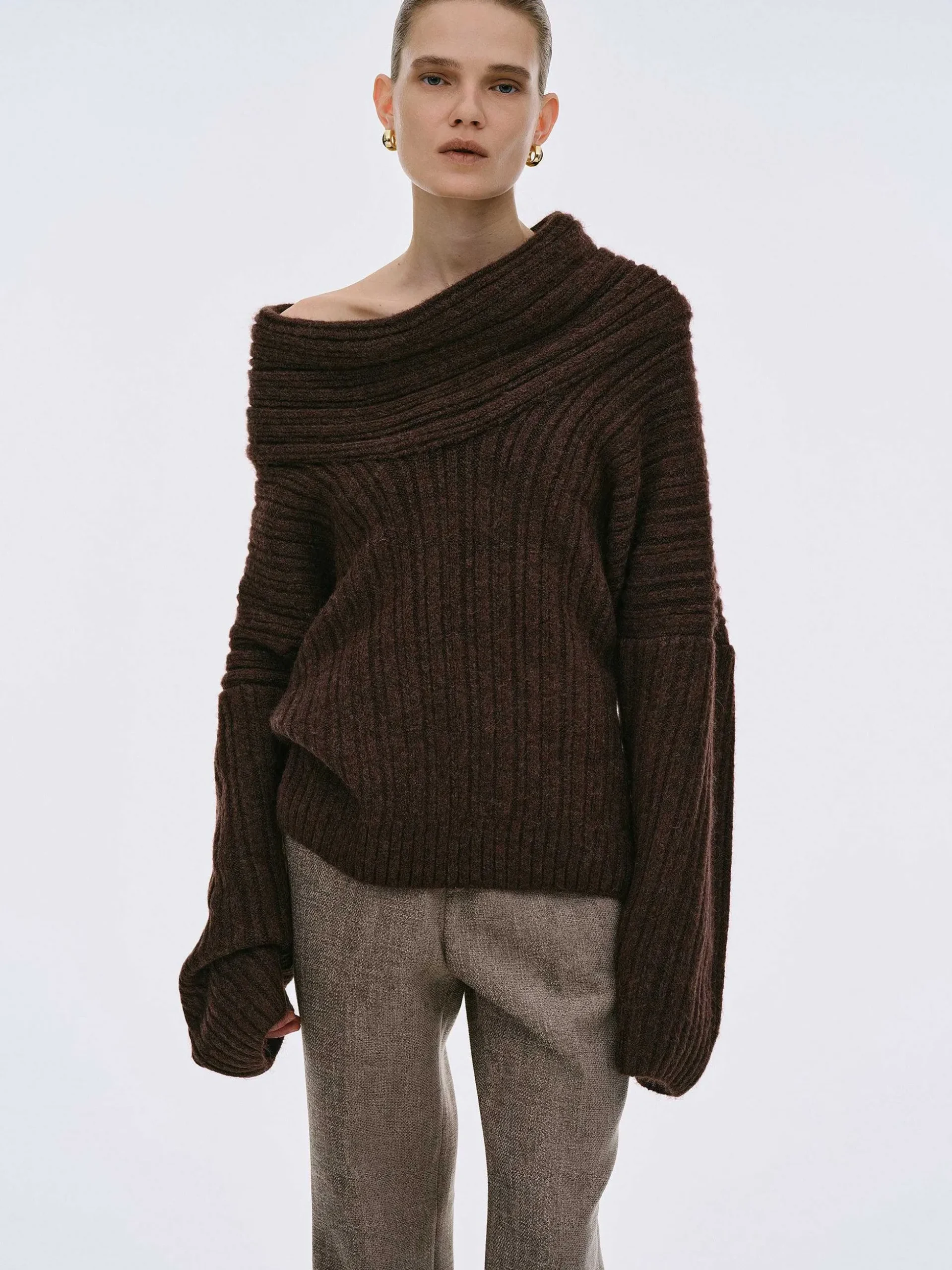 Women Source Unknown Accessories-Becca Oversized High Roll Knit Pullover, Chocolate