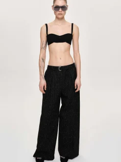 Women Source Unknown Bottoms-Belted Suit Trousers, Black Stripe