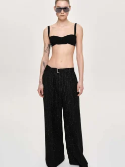Women Source Unknown Bottoms-Belted Suit Trousers, Black Stripe