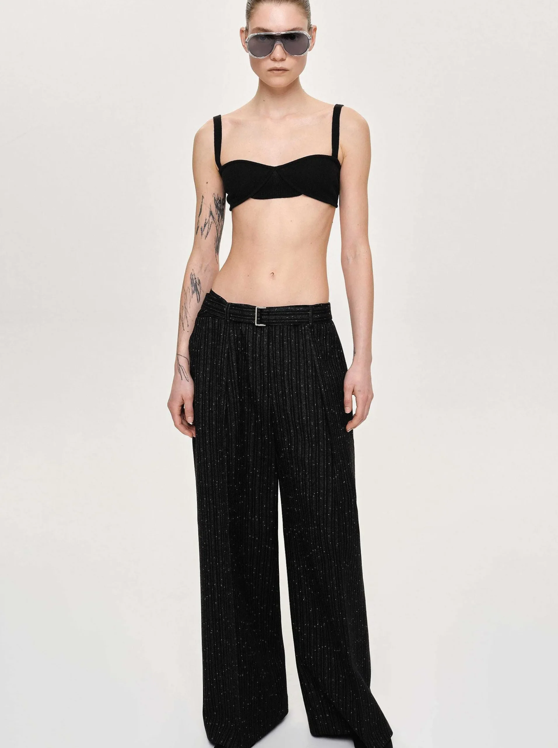 Women Source Unknown Bottoms-Belted Suit Trousers, Black Stripe