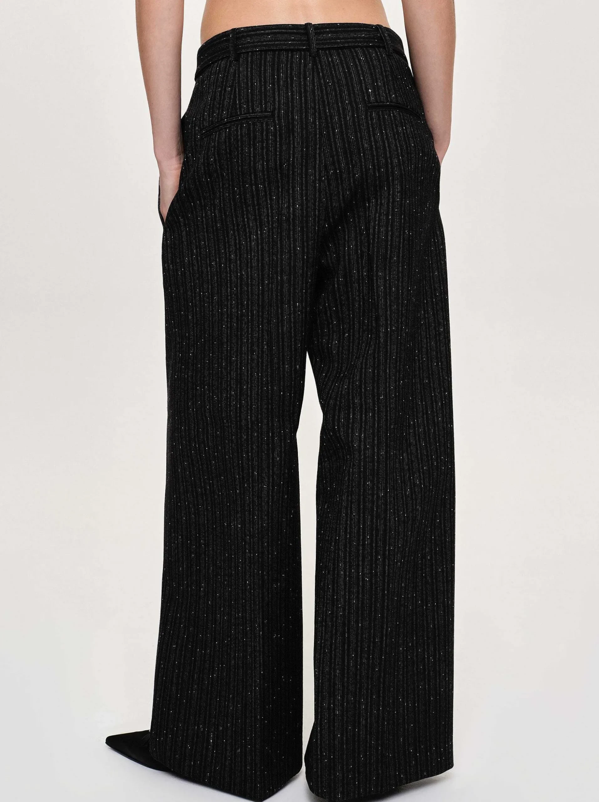 Women Source Unknown Clothing-Belted Suit Trousers, Black Stripe