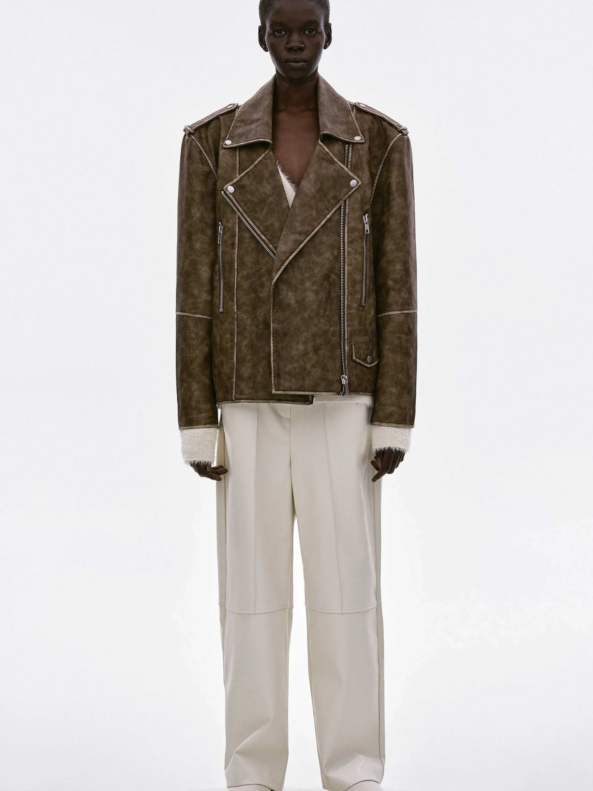 Women Source Unknown Accessories-Bianca Faux Leather Biker Jacket, Washed Brown