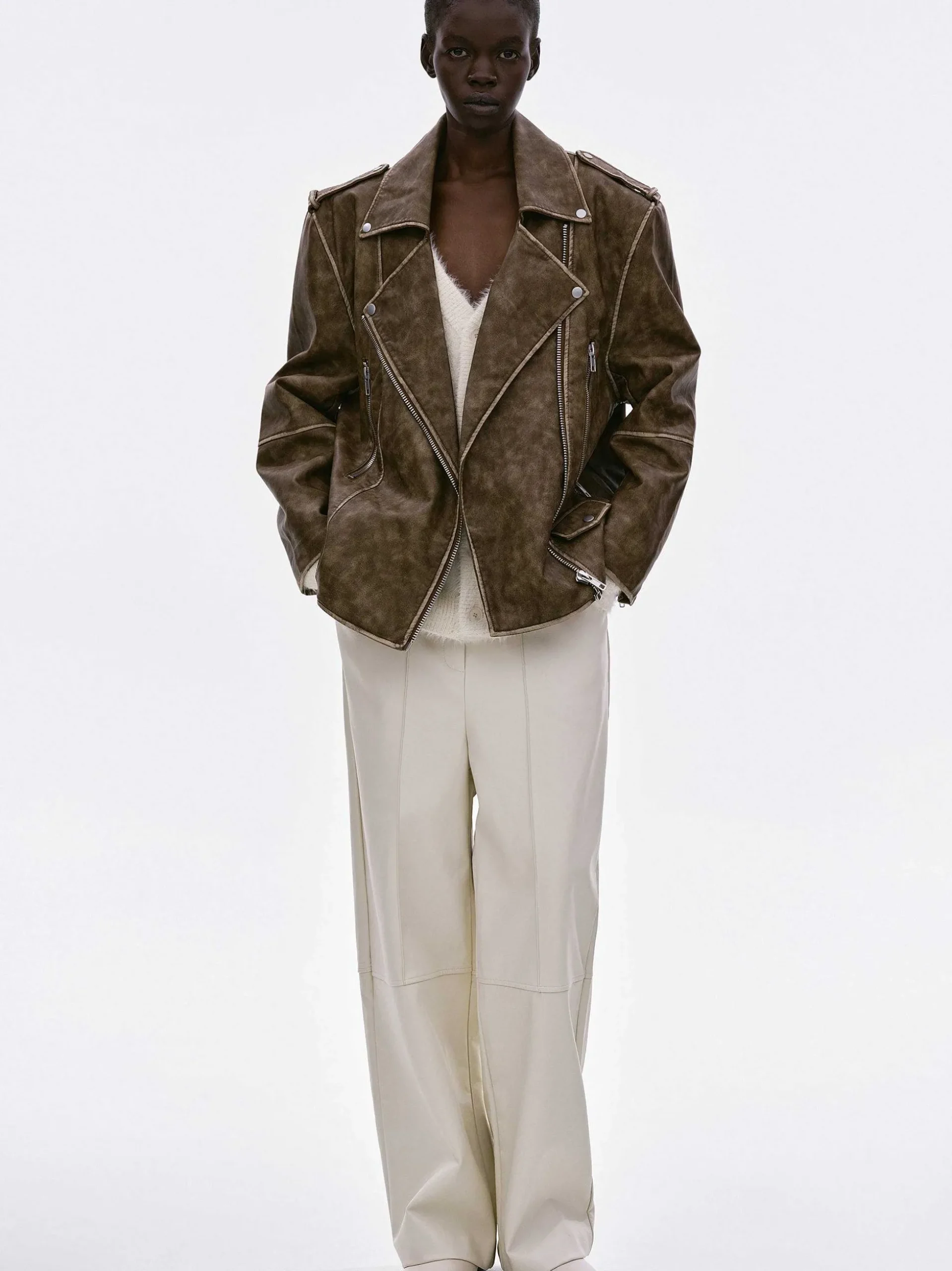 Women Source Unknown Accessories-Bianca Faux Leather Biker Jacket, Washed Brown