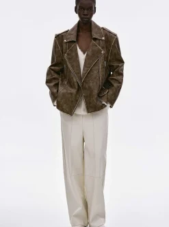 Women Source Unknown Accessories-Bianca Faux Leather Biker Jacket, Washed Brown