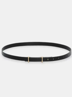 Women Source Unknown Clothing-Calfskin Leather Skinny Belt, Black