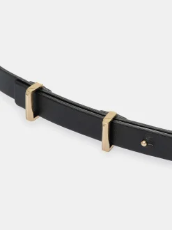 Women Source Unknown Clothing-Calfskin Leather Skinny Belt, Black