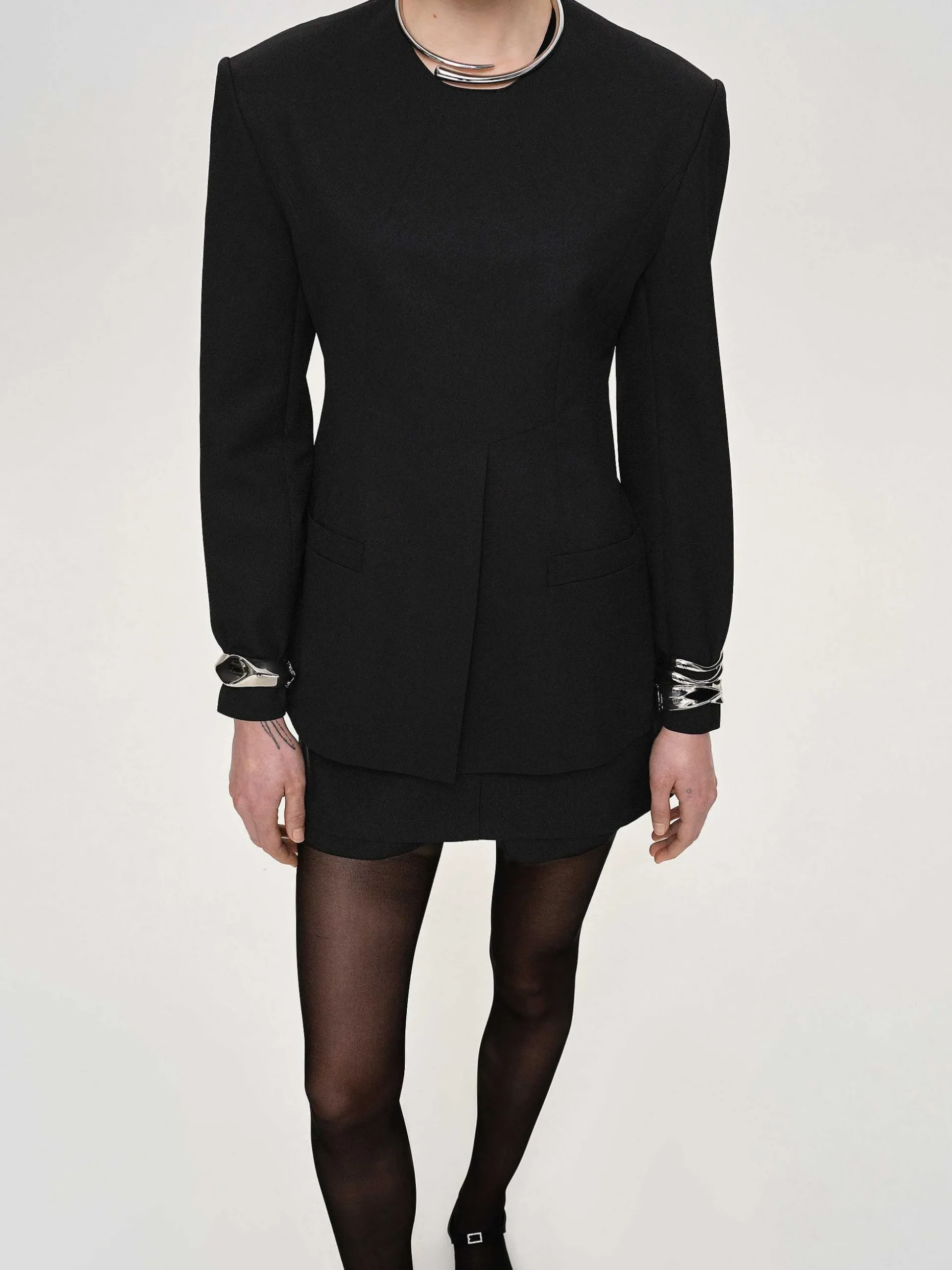Women Source Unknown Accessories-Cinched Waist Split Jacket, Black