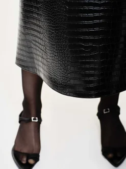 Women Source Unknown Clothing-Croc-Embossed Midi Skirt, Black
