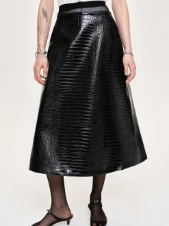 Women Source Unknown Bottoms-Croc-Embossed Midi Skirt, Black