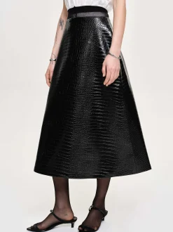 Women Source Unknown Bottoms-Croc-Embossed Midi Skirt, Black