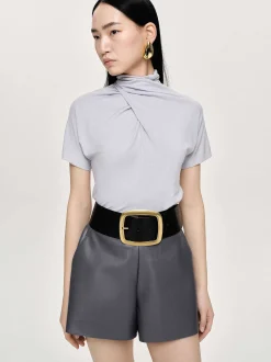 Women Source Unknown Tops-Daye Cross Neck T-Shirt, Mist Grey