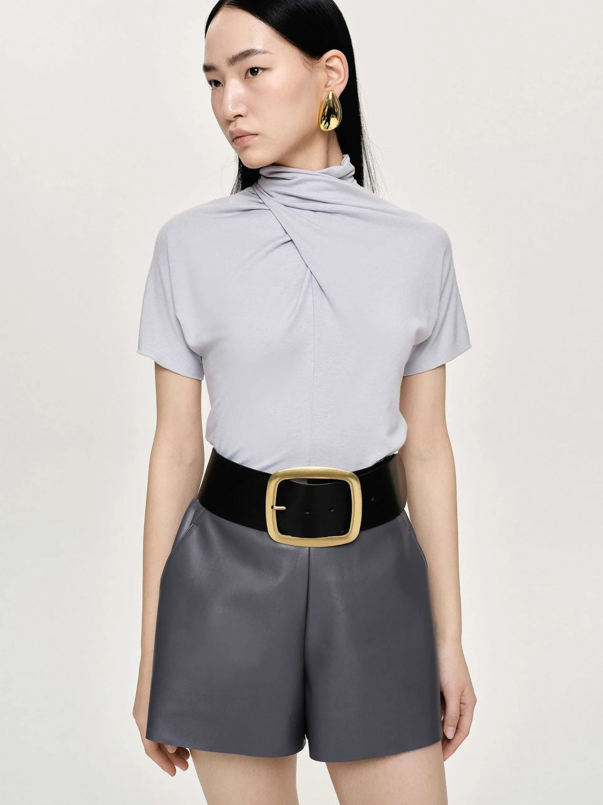 Women Source Unknown Clothing-Daye Cross Neck T-Shirt, Mist Grey