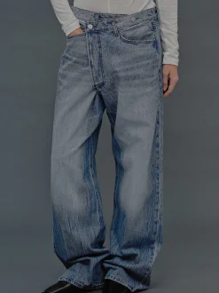 Women Source Unknown Denim-Deconstructed Crossover Jeans, Medium Blue