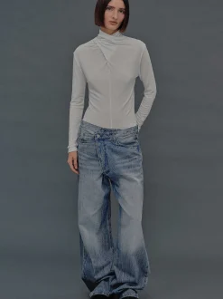 Women Source Unknown Denim-Deconstructed Crossover Jeans, Medium Blue