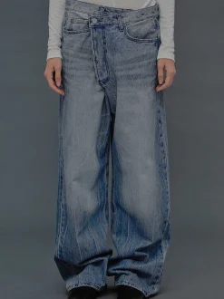 Women Source Unknown Denim-Deconstructed Crossover Jeans, Medium Blue
